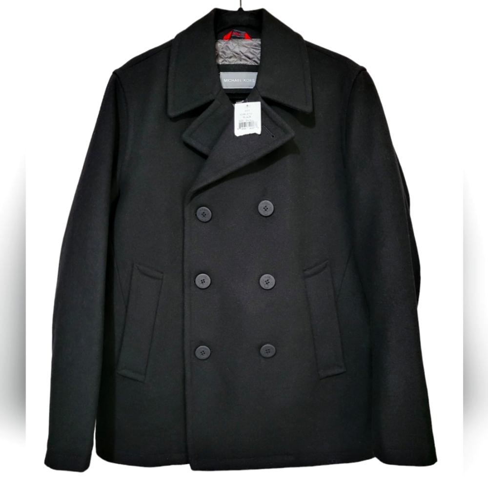 Men's Peacoat Small Michael Kors NWT Black Wool Double Breasted Career Wear